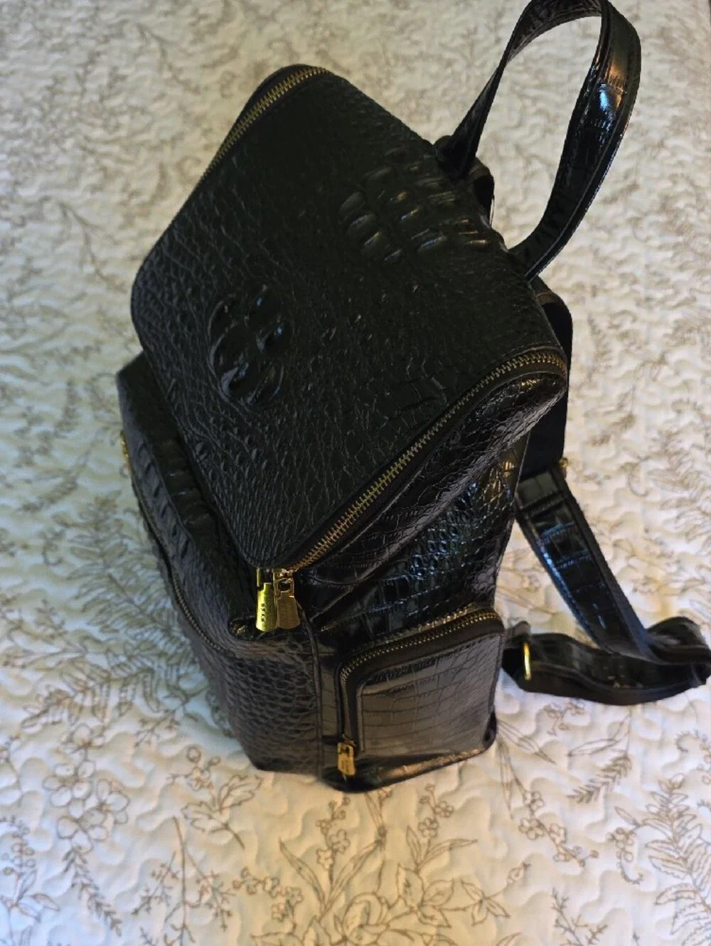 Black Croc-Embossed Backpack Purse - Unbranded